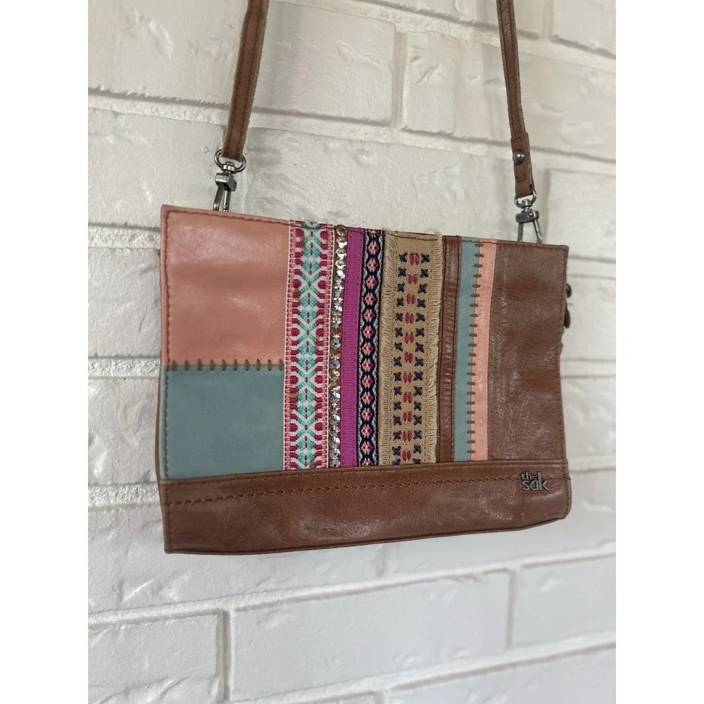 The‎ Sak Cognac/Multicolor Leather Patchwork Crossbody Zip Bag